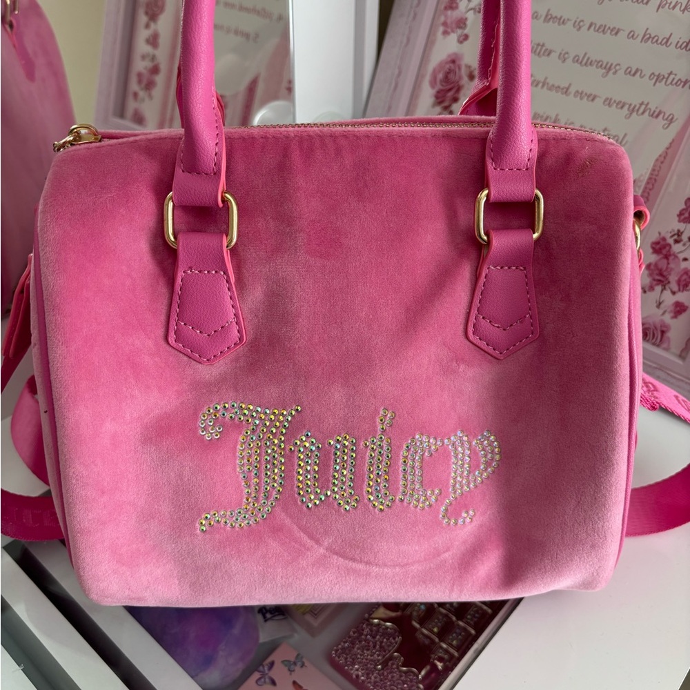 Juicy Couture Hot Pink Suede Crystal Logo Satchel